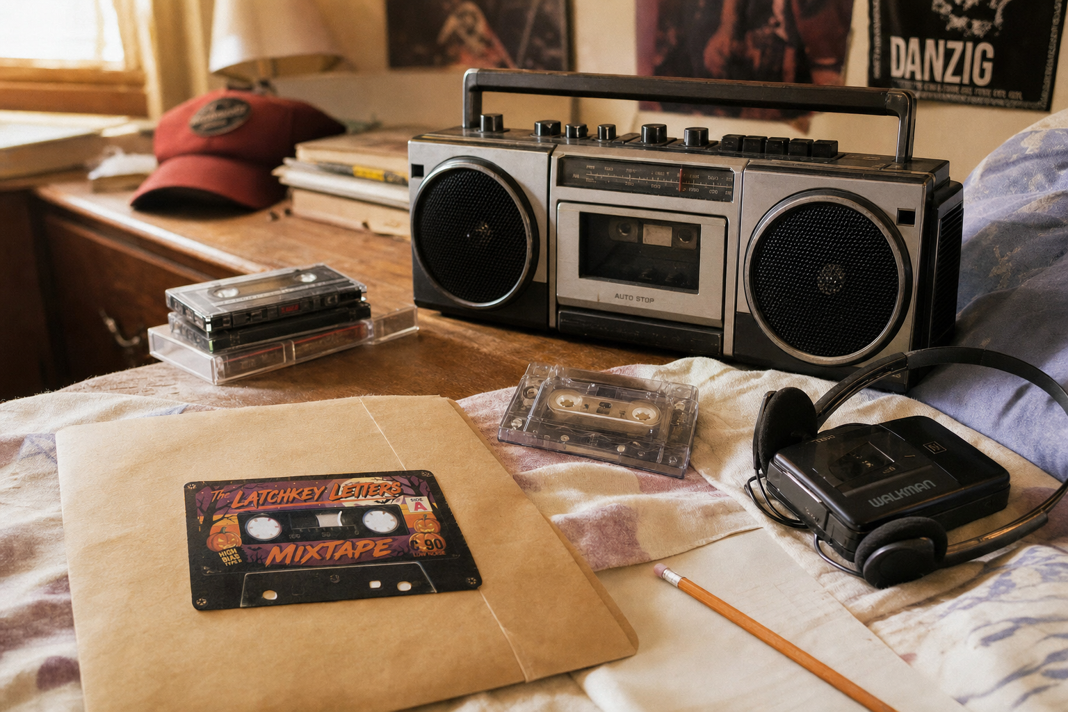 A vintage boombox, cassette tapes, a kraft envelope, and a handwritten letter in a cozy bedroom