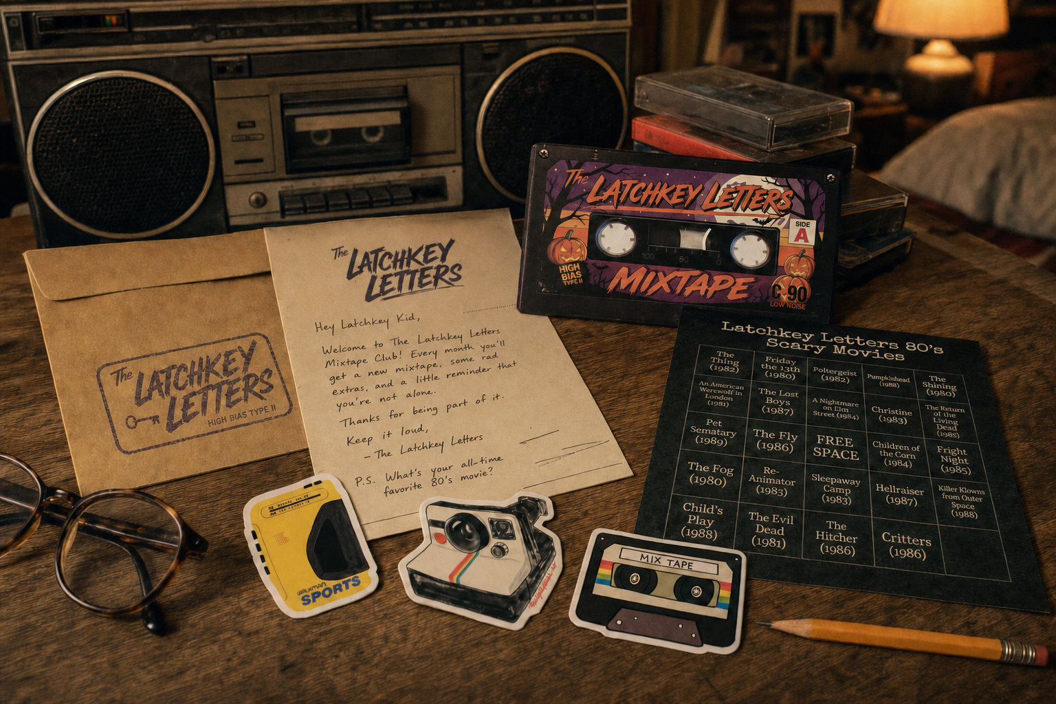 A vintage boombox, kraft envelope, handwritten letter, cassette, and keepsakes on a nostalgic tabletop